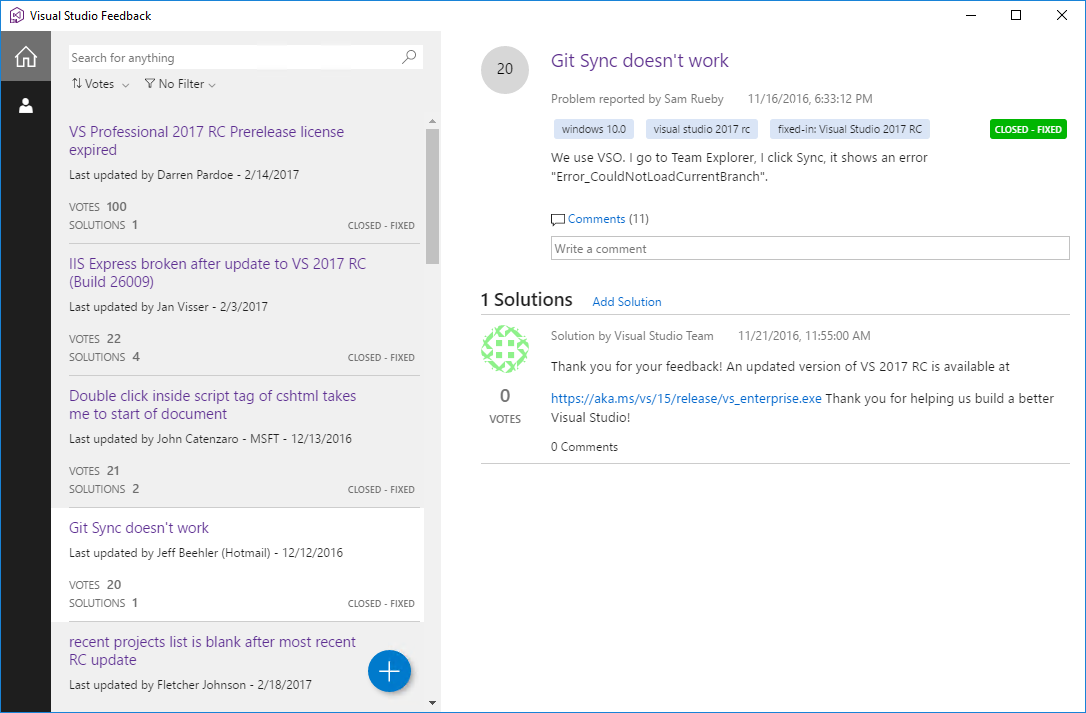 Visual Studio 2017 RC Report a Problem